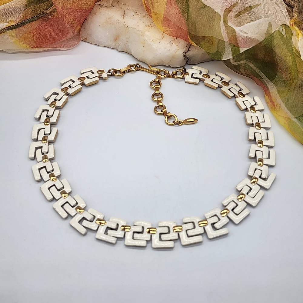 Gold Necklace Statement Gold Greek Key White Enamel Link Chain Chunky Bold - Picture 3 of 13